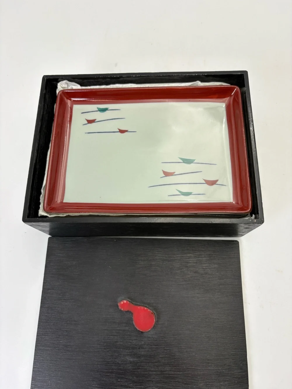 Arita Hand-Painted Ceramic Rectangular Sushi Dish Set - 5 Dishes in Box